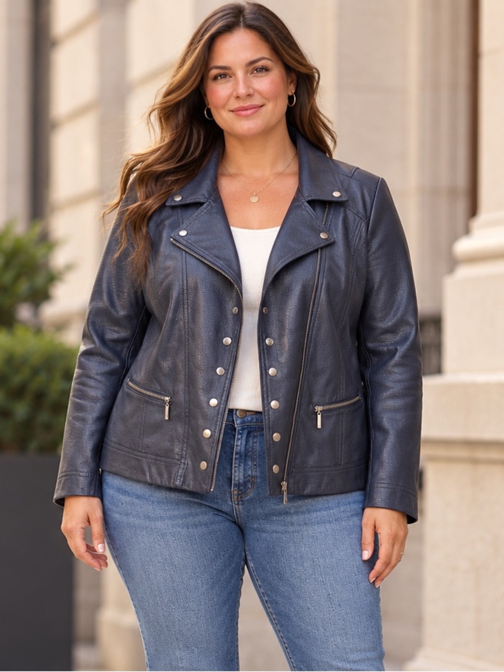 Navy Blue Textured Moto Jacket Snap Detail Biker Rocker 16